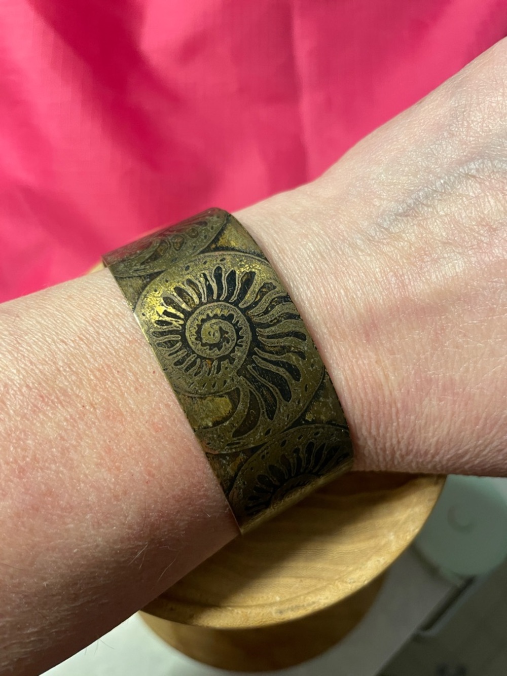 Vintage Etched Brass Ammonite Spiral Cuff Bracelet